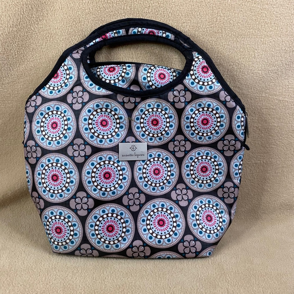 Nanette Lepore Lunch Tote Bag Insulated Cooler Picnic Zip Top Circle Pattern EUC